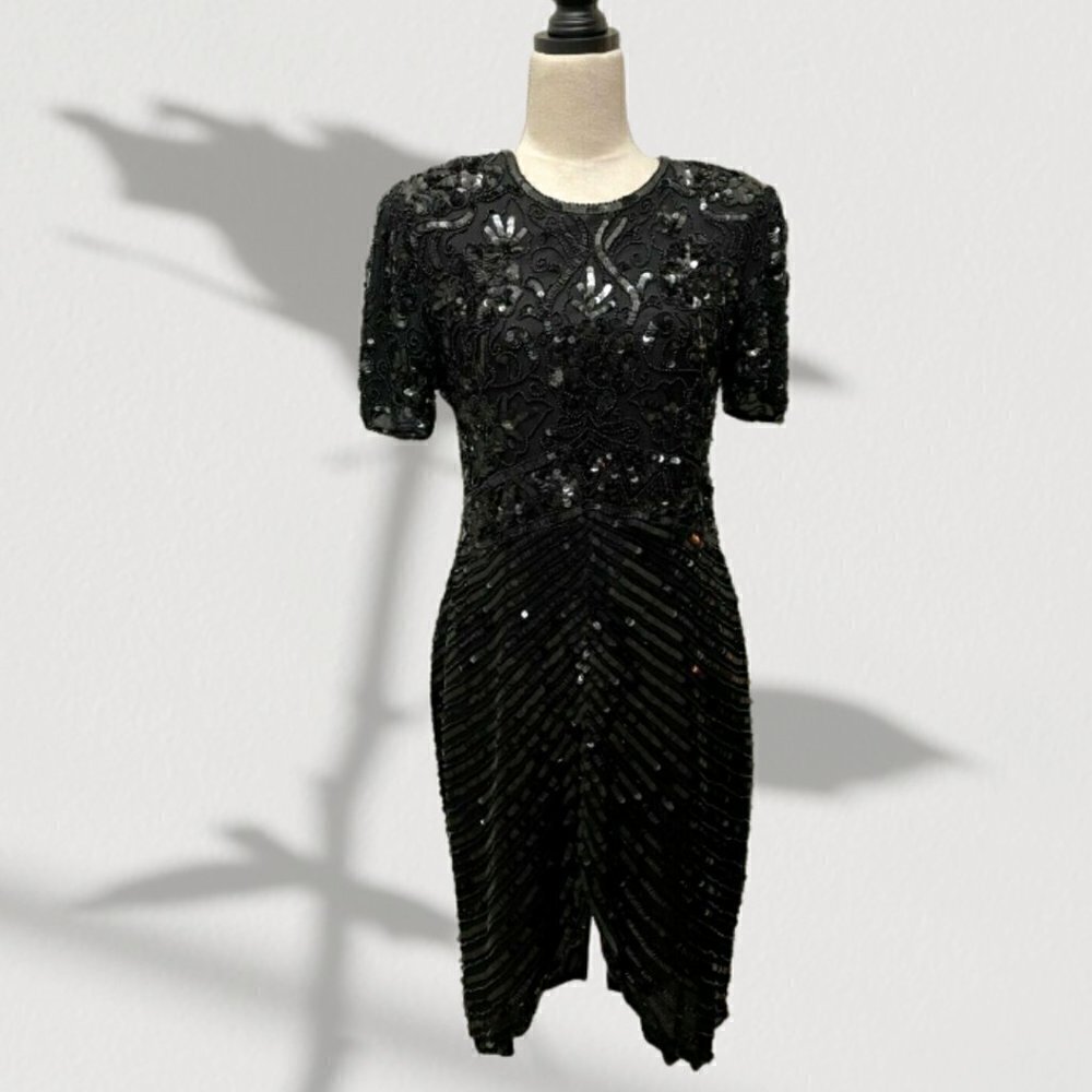 Swee Lo Black Sequined Cocktail Dress Knee Length Size S
